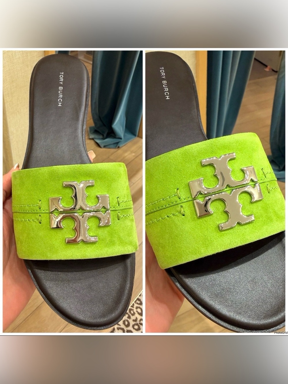 Tory Burch Everly Slide Sandals Suede Flat Bitter Lime Silver Logo